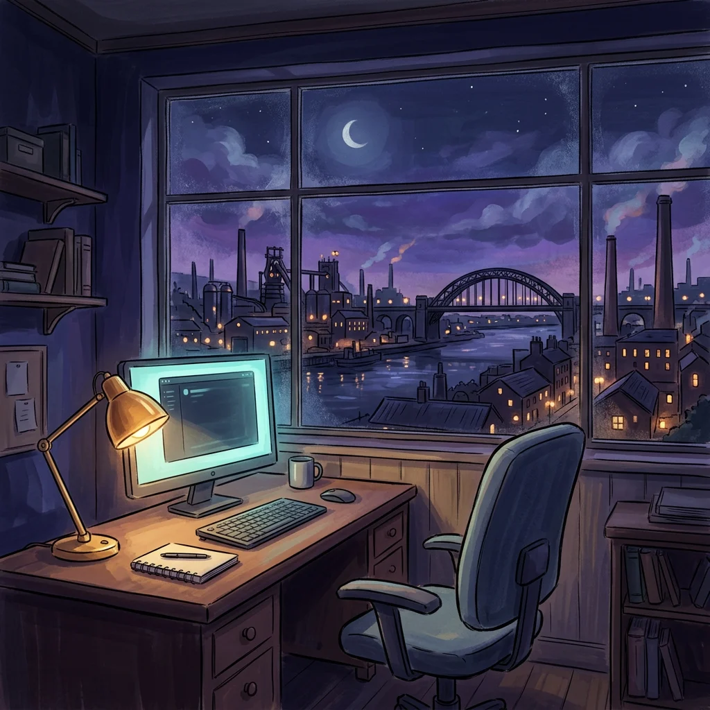 A painted scene of an empty Teesside office at night, one lamp lit, the river and bridge beyond the window