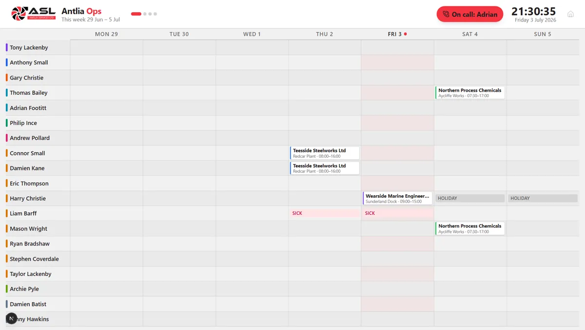 The Antlia operations calendar on the workshop screen