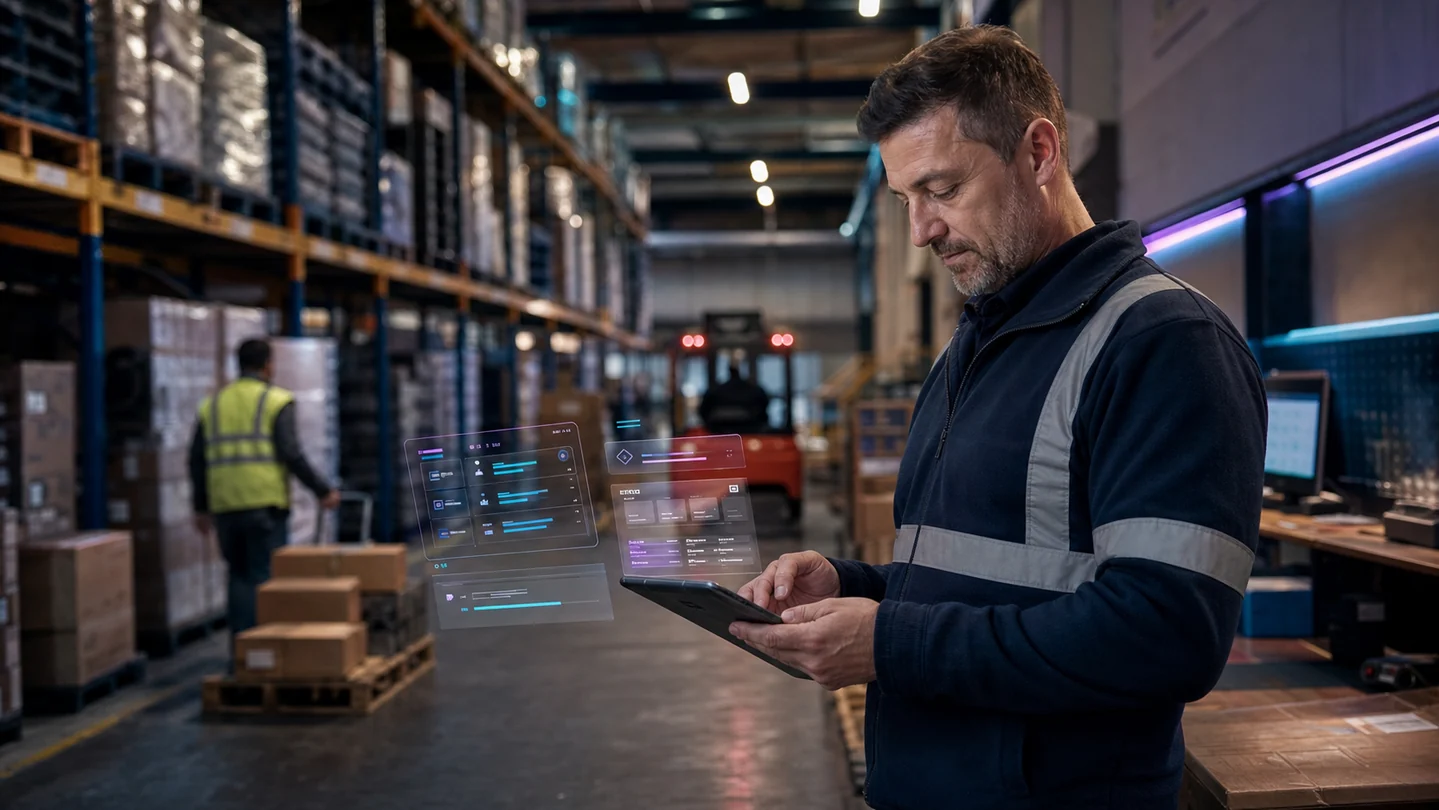 An operations manager using bespoke software in a working warehouse